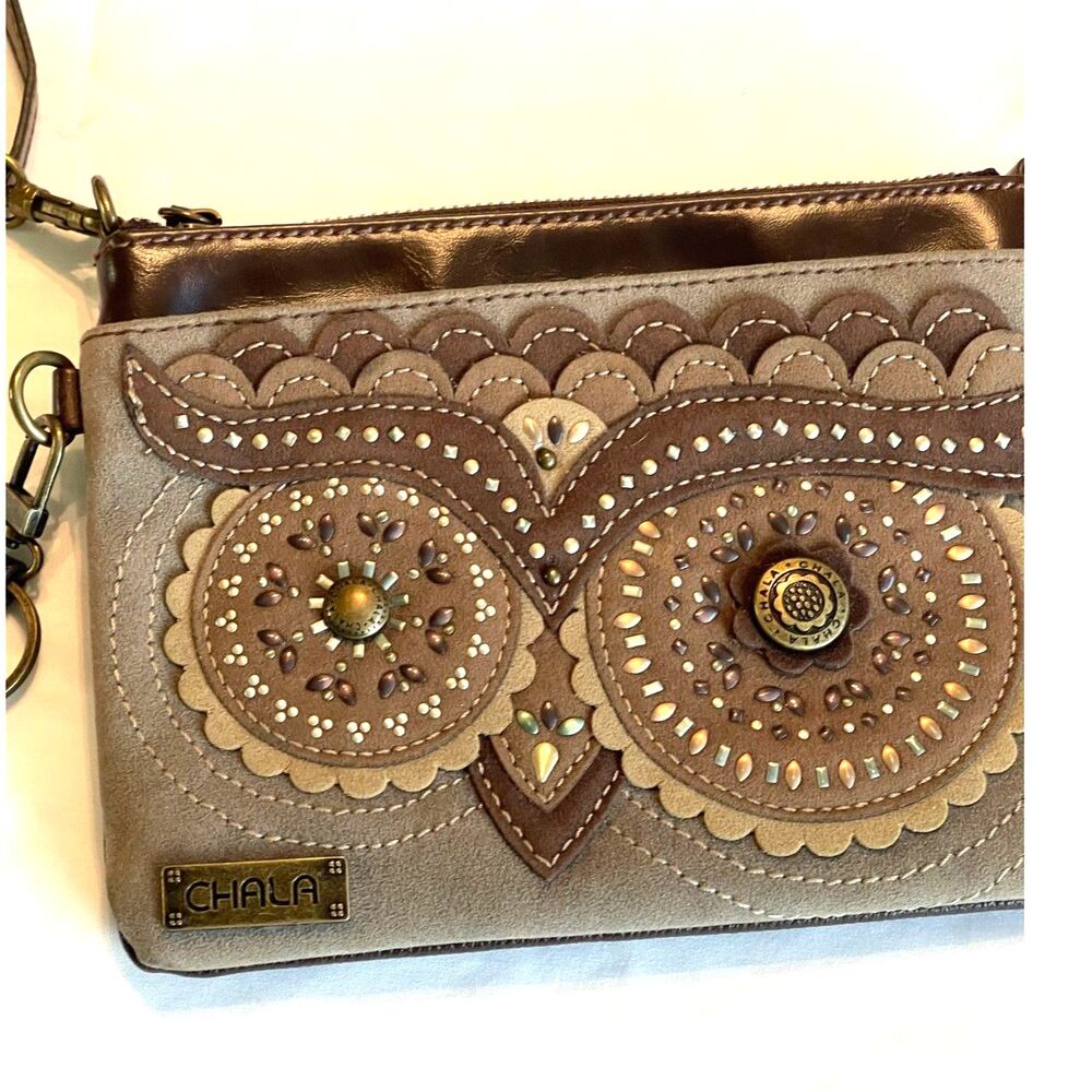 CHALA SAFARI COLLECTION OWL BIRD DOUBLE POCKET CELL PHONE CROSSBODY BAG-Brown - Picture 2 of 13